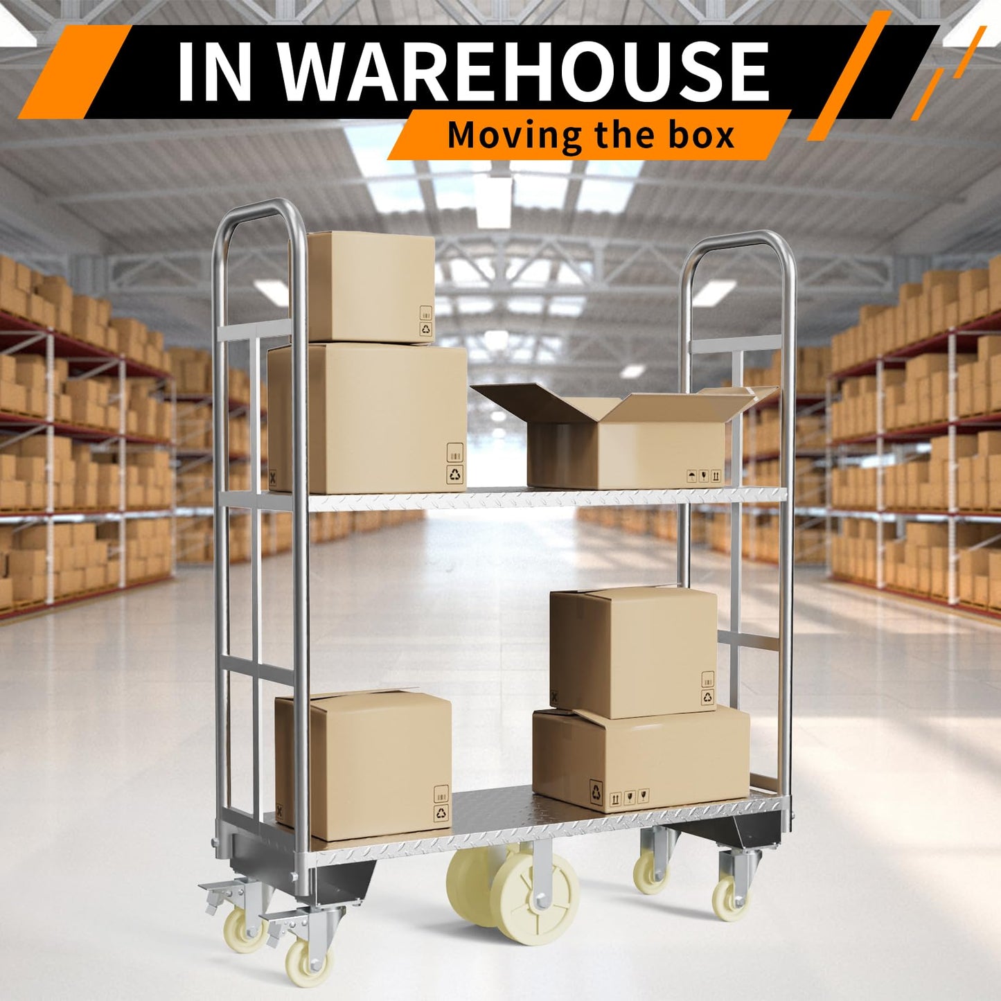 Two Tier U-Boat Platform Truck Cart, 16 x 48Inch Narrow Aisle Flatbed Truck w/6PCS Wheel Caster 2500LBS Weight Capacity Heavy Duty Platform Dolly with Removable Handles for Warehouse, Storage Room
