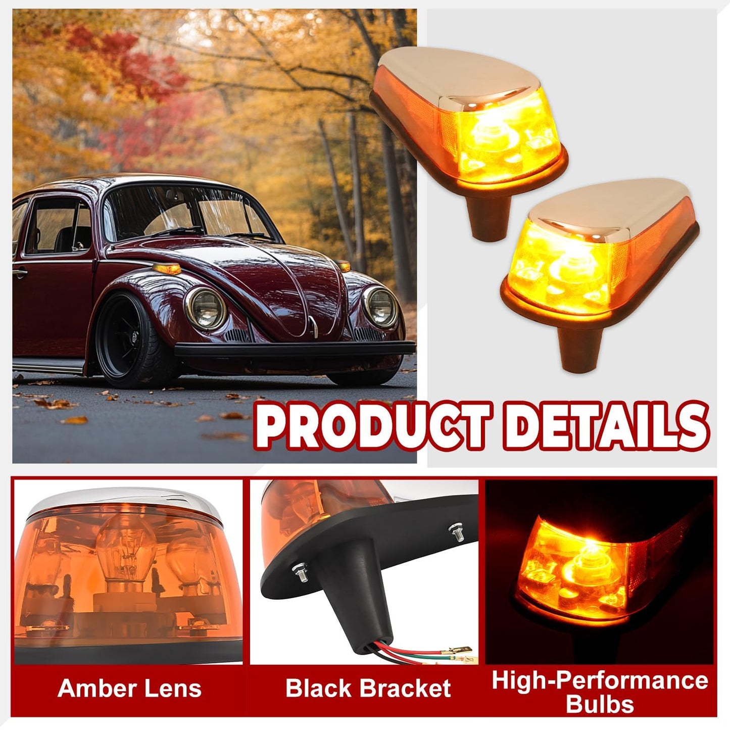 HECASA Turn Signal Light Assembly for VW Bug 1970-1979, Amber Lens, Plastic, Model MO-4974, Pair, Right & Left Side