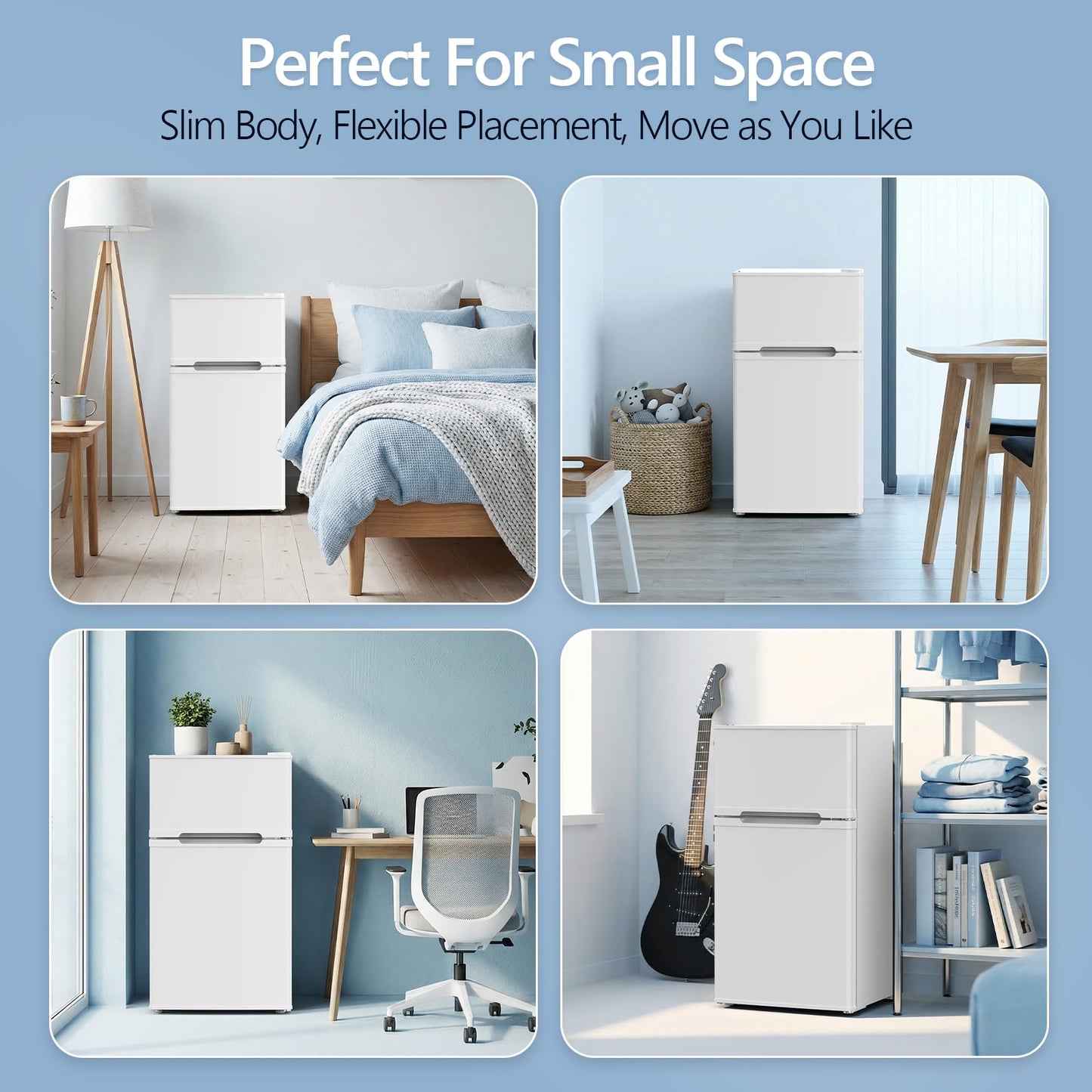 Electactic 2.5 Cu.Ft Mini Fridge with Freezer, Double-Door Compact Refrigerator, Adjustable Glass Shelves, Mechanical Thermostat & Built-in Casters, Space-Saving for Apartment/Dorm/Office, White