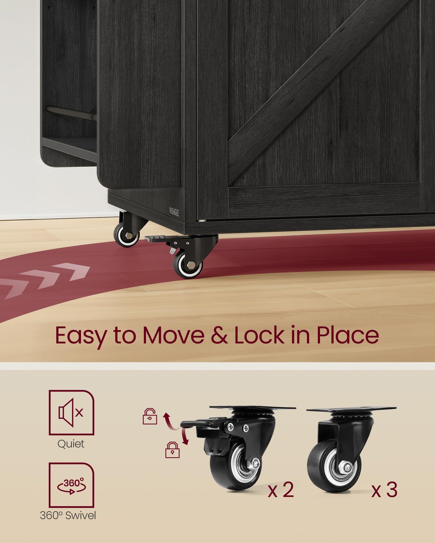 VASAGLE Mobile Kitchen Island with Trash Can Storage, Drop Leaf, Portable Island with Spice Rack, Mobile Cart with Storage Cabinet, for Dining Room, Ink Black and Honey Brown UKKI014BJ01S