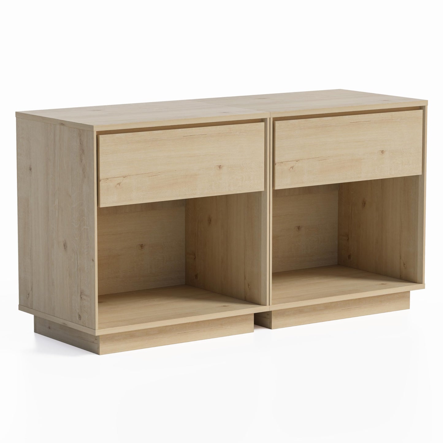 MoomJiee Farmhouse End Side Table Set of 2 Modern Wood Nightstands Bedside Cabinet with Storage Drawer and Open Shelf for Bedroom, Living Room, Light Oak