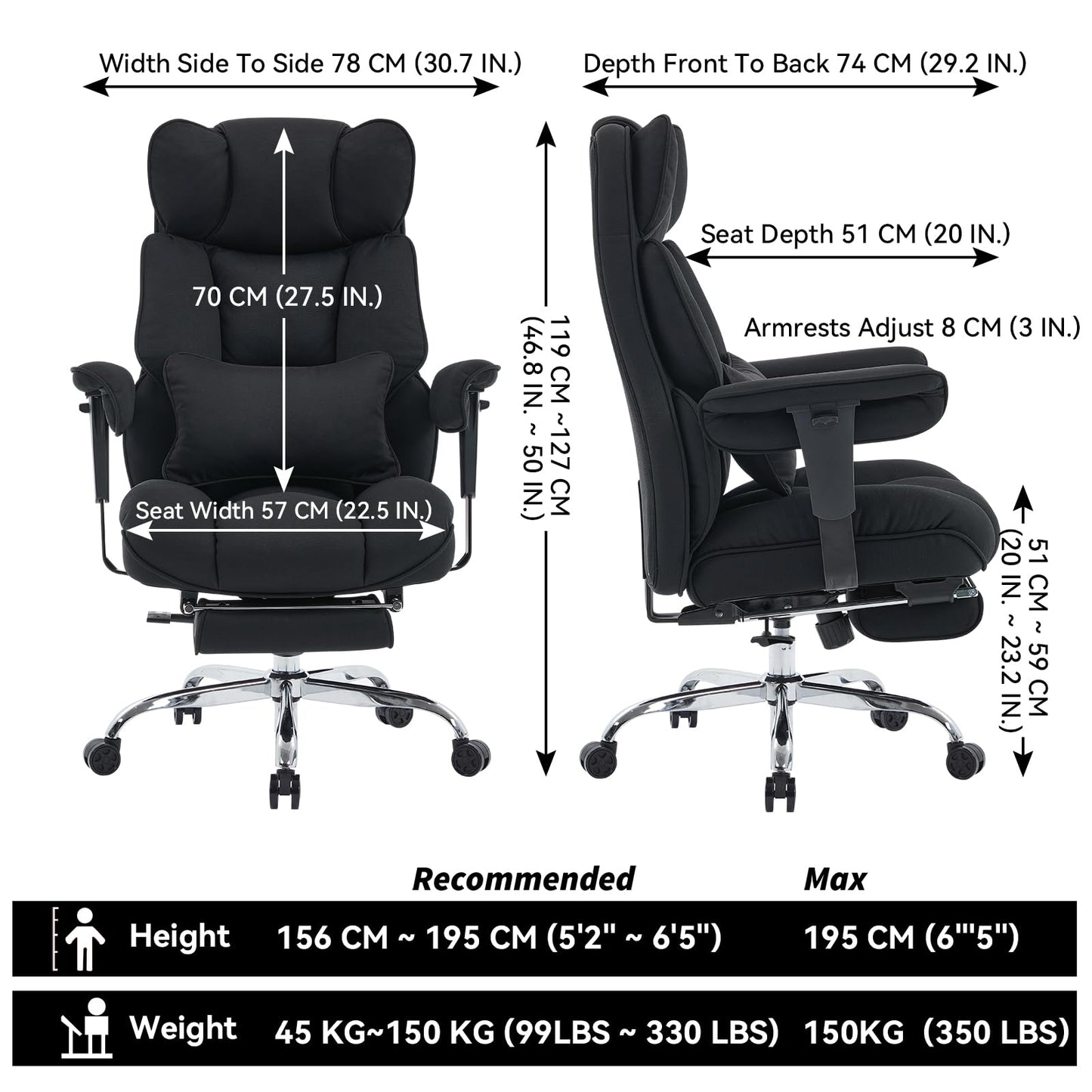 Efomao Big and Tall Office Chair with Footrest - 400lbs Heavy Duty Pocket Spring Desk Chair, 7" Thick Cushion Breathable Fabric Executive Office Chair, Ergonomic Reclining Workstation, Black