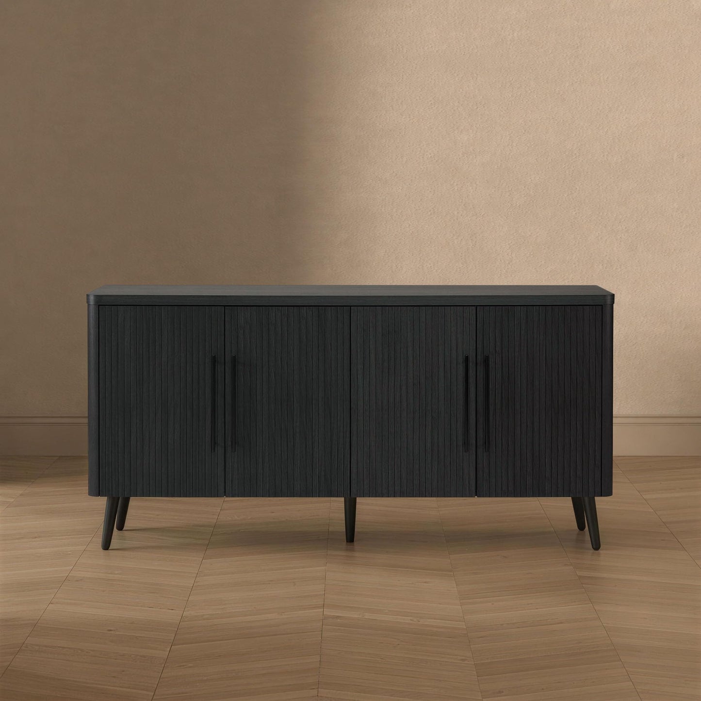Manhattan Comfort Jodie 64" Sideboard Cabinet with Storage, Ribbed Soft-Close Doors & 8 Adjustable Cubby Shelves, Mid Century Modern Buffet Table for Entryway, Living Room or Office, Charcoal Grey