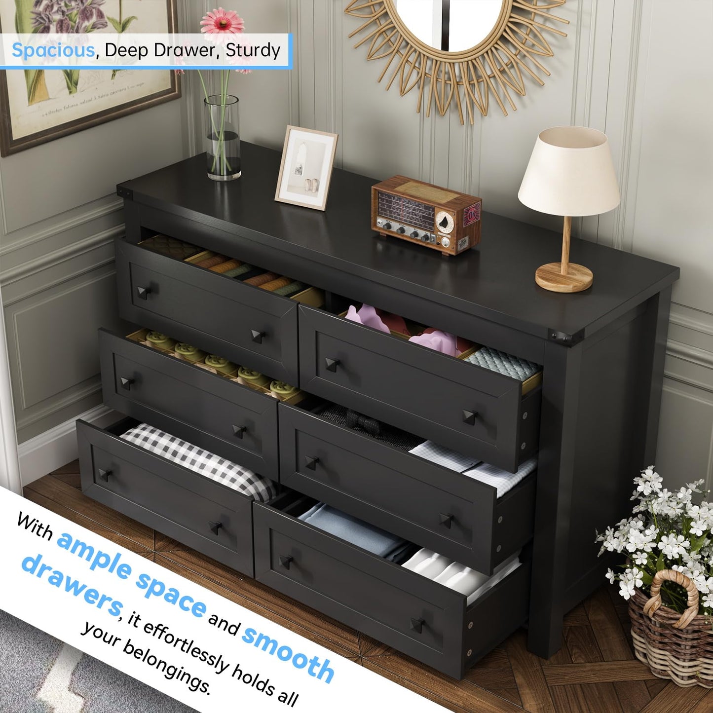 HUANLEGO Black Dresser for Bedroom with 6 Drawers, Modern Chest of Drawers, Wood Dressers Bedroom Furniture Wide Storage Organizer, 6 Drawer Dresser for Closet, Living Room, Hallway