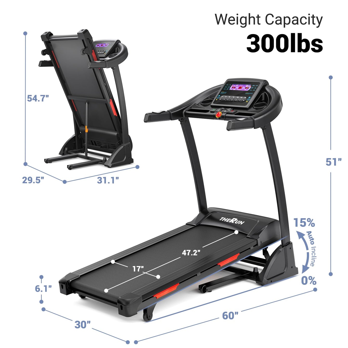 THERUN Incline Treadmill, Treadmill for Running and Walking, 300 lbs Weight Capacity Folding Treadmill with 0-15% Auto Incline, Wide Belt, 3.5HP, App, Heart Rate