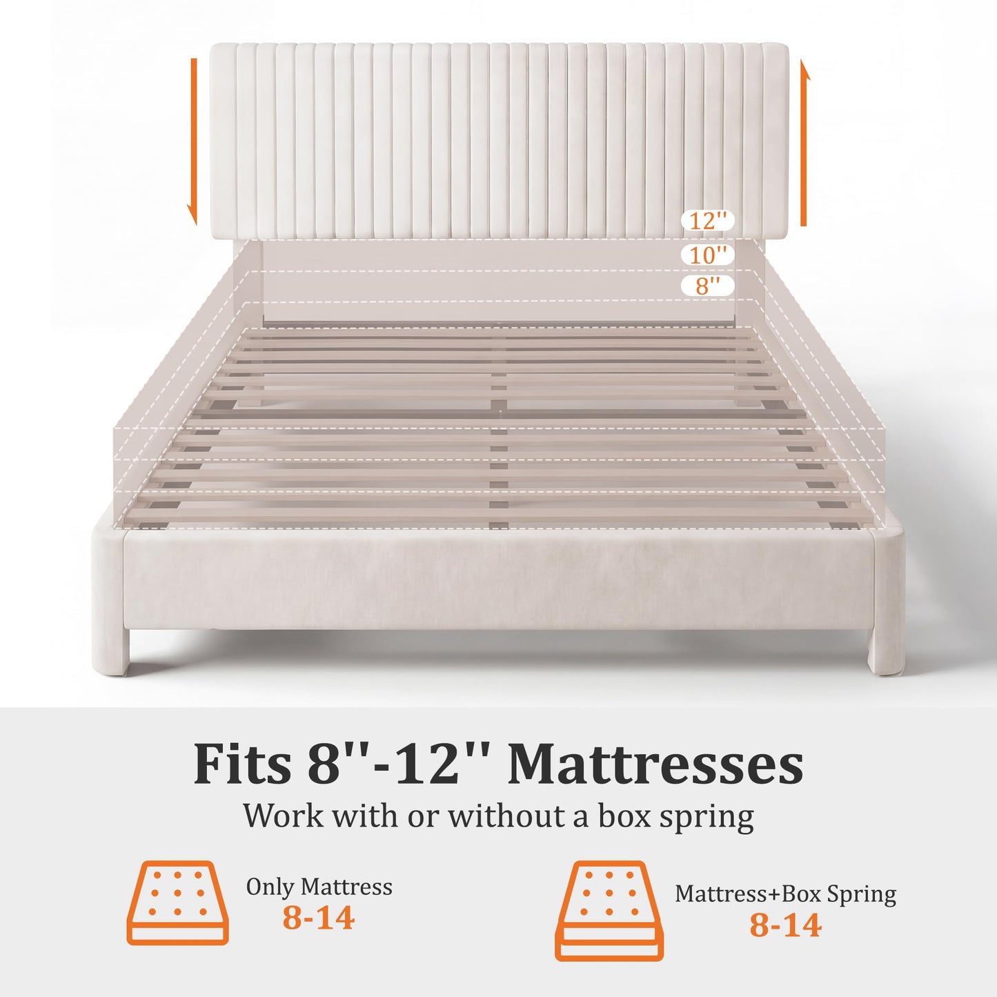 Erdoru Queen Size Velvet Upholstered Bed Frame with Headboard, Luxury Wooden Slat Support Platform Bed, Noise-Free Sturdy Low Profile Design, No Box Spring Needed, Easy to Assemble, White