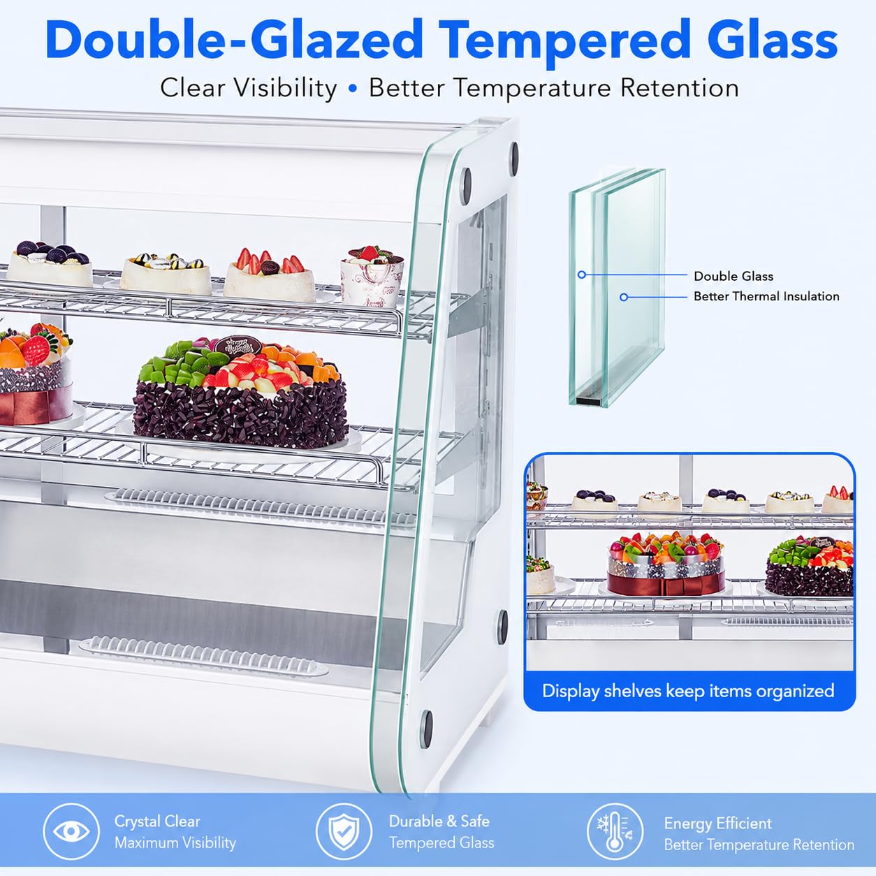 8.1 Cu.Ft Commercial Glass Door Refrigerator | Countertop Display Fridge with LED Lighting for Bakeries, Cafes, Convenience Stores | Energy Efficient, Adjustable Shelves, Auto-Closing Door