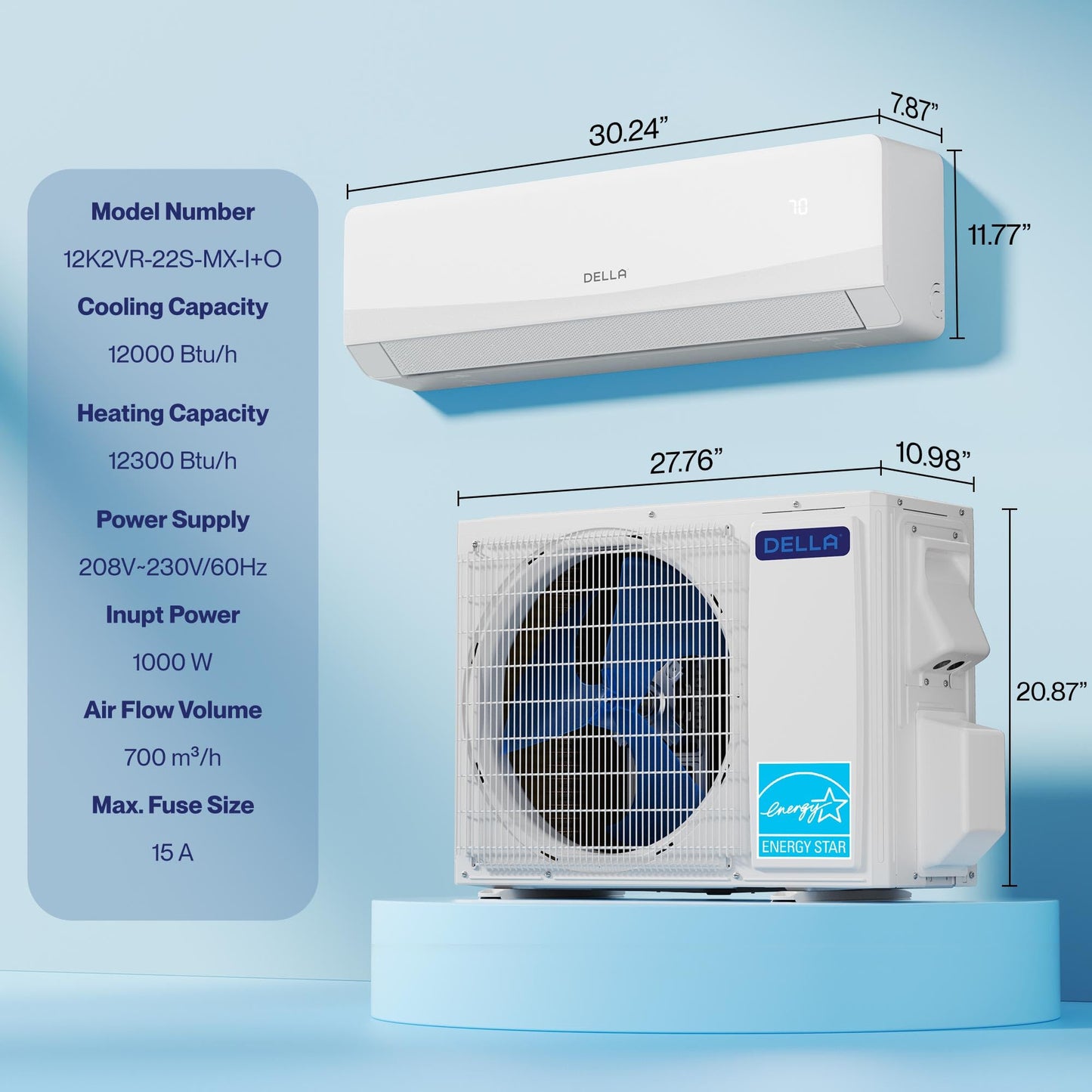 DELLA Serena CloudAir Series 12000 BTU Mini Split AC with Soft Airflow, Energy Star 22 SEER2 230V, 1 Ton Inverter Heat Pump Ductless AC for up to 550 Sq.Ft, WiFi & Alexa, Pre-Charged, 16.4ft Kits