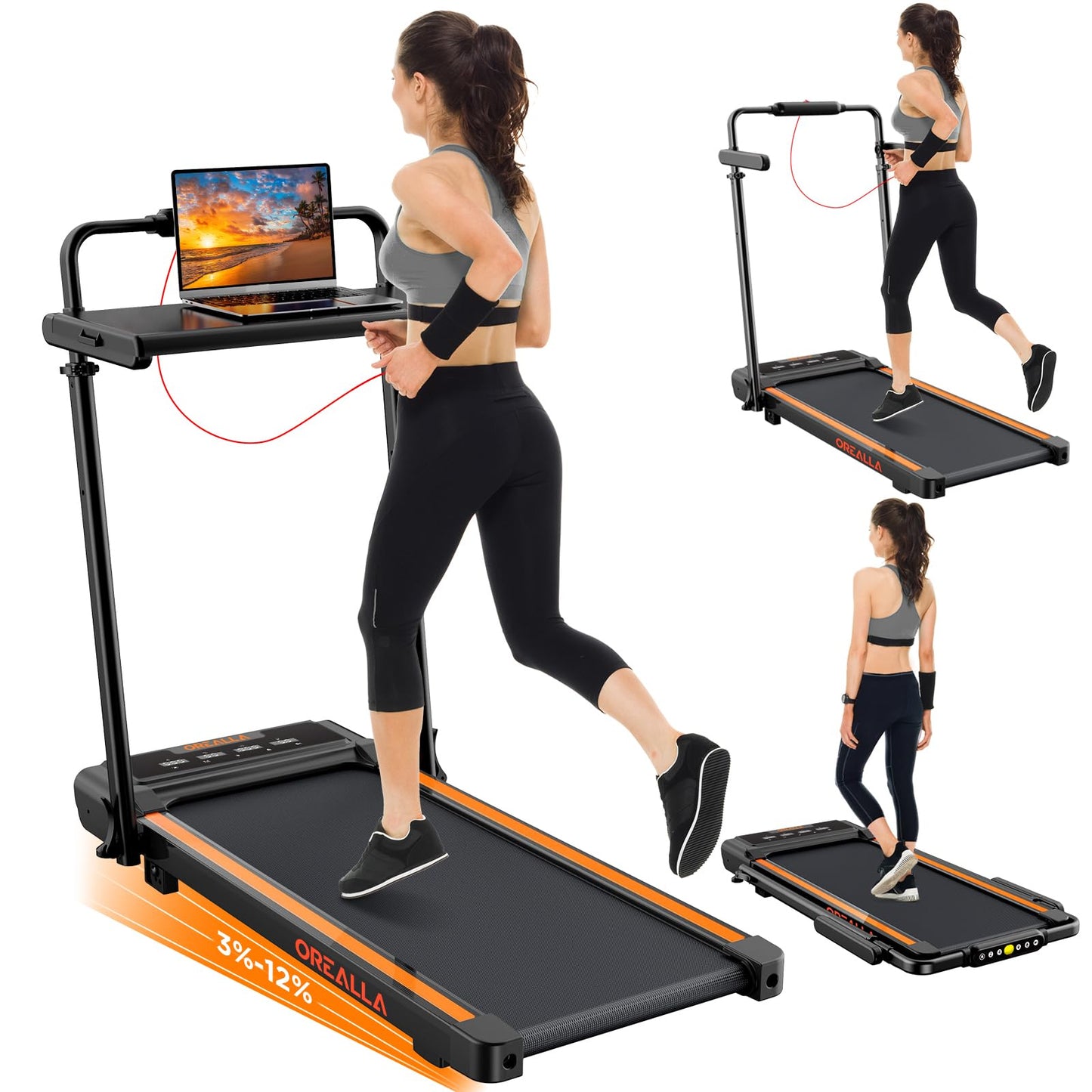 Walking Pad with 12% Incline, Under Desk Walking Pad Treadmill with Adjustable Height Handle Bar & Removable Desk, 3 in 1 3.5HP Foldable Treadmill 300lbs Capacity for Home Office with Remote Control