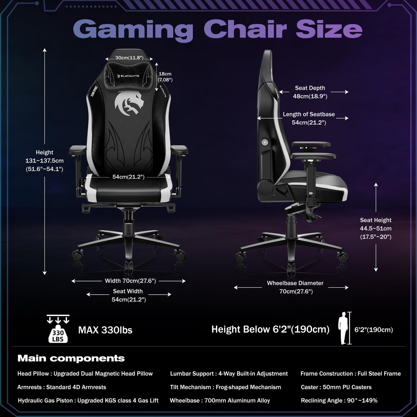 Blacklyte Athena Pro Gaming Chair Computer Chairs with Magnetic Head Pillow and Lumbar Support Height Adjustable with 360°-Swivel Seat Leather Ergonomic Desk Chair for Gaming(Spirit)