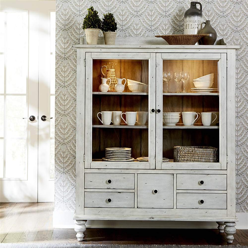 Liberty Furniture Whitney Glass Display Cabinet Traditional Dining Room Storage with LED Touch Light - Antique Linen Oak Wood