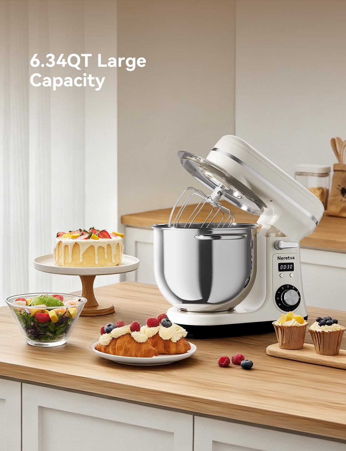 Neretva Stand Mixer, 6.34QT & 6 Speed Professional Mixers Kitchen Electric Stand Mixer Super Stable & Lower Noise Household Stand Mixer with Stainless Steel Bowl, Whisk, Flat Beater, Dough Hook -Beige