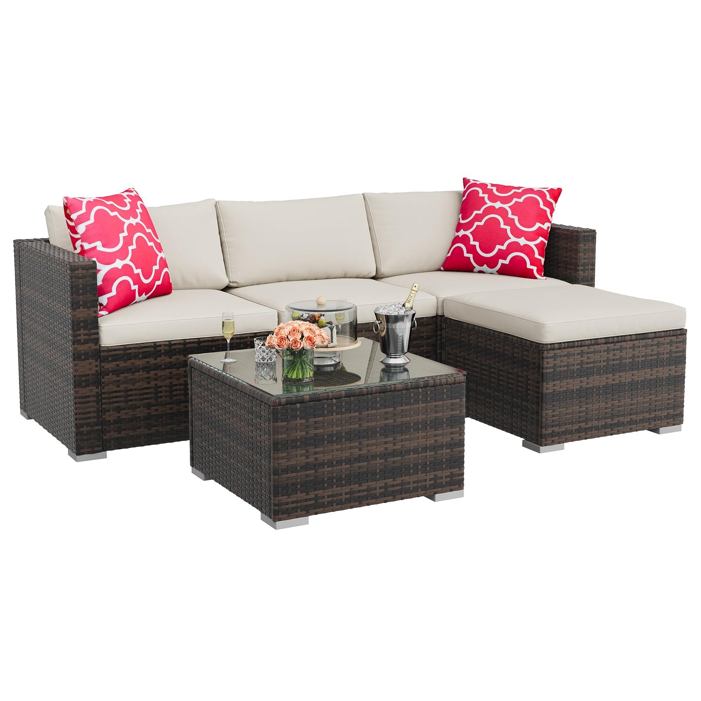 MilleLoom 5-Piece Outdoor Sectional Sofa Set, All-Weather PE Rattan Patio Furniture with Ottoman & Tempered Glass Table, Convertible Garden Couch for Backyard, Porch, Poolside (Brown/Beige)