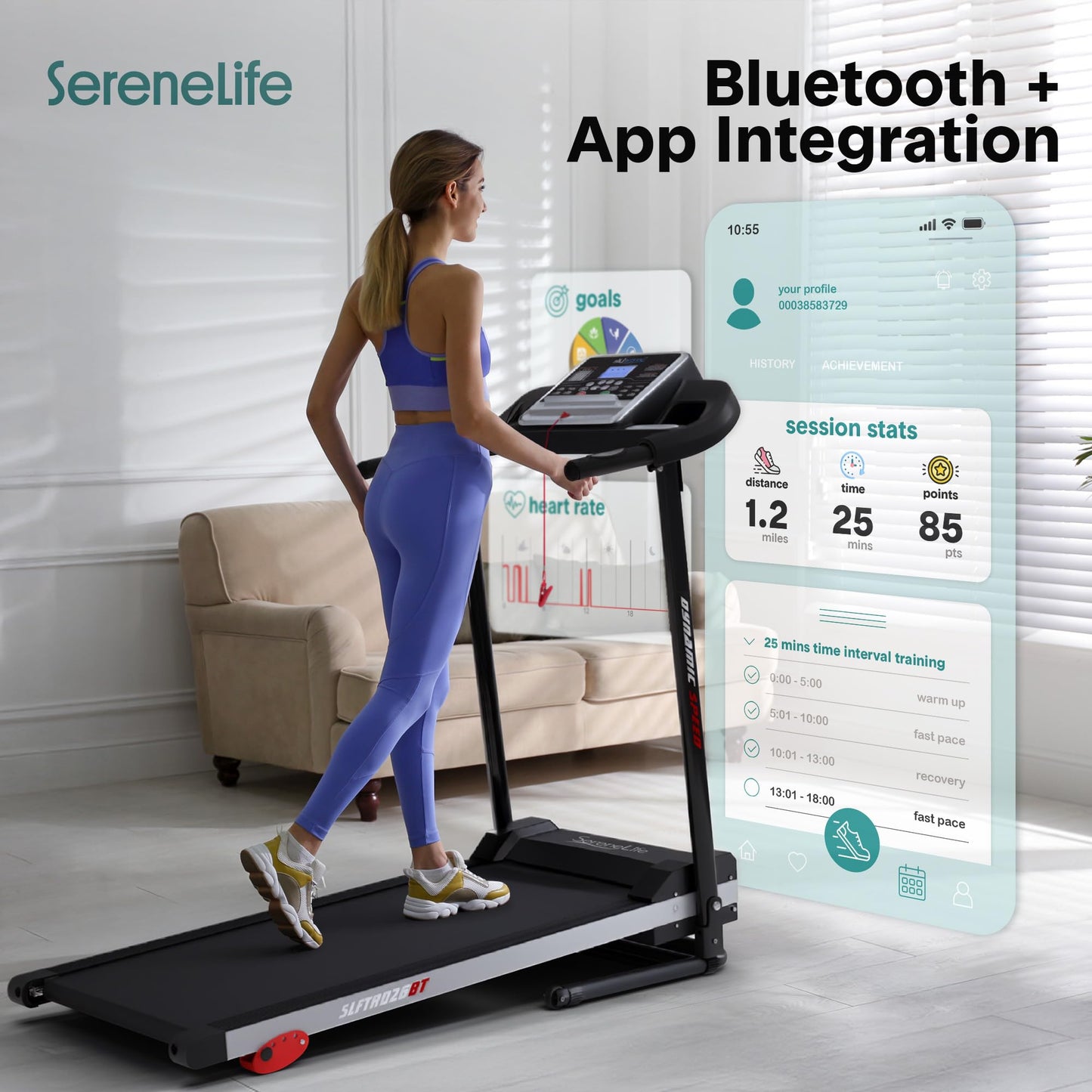 SereneLife Folding Treadmill - Foldable Home Fitness Equipment with LCD for Walking & Running, 6 MPH Speed, 1HP Motor, Cardio Machine, 4 Manual Incline Levels, 12 Programs, Bluetooth, 265lbs Capacity
