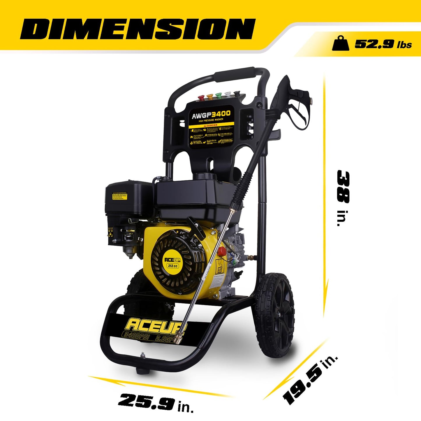 Aceup Energy Gas Pressure Washer 3400 PSI 2.6 GPM 4-Stroke 212cc for Garden, Cars, Walls, Funiture, Decks