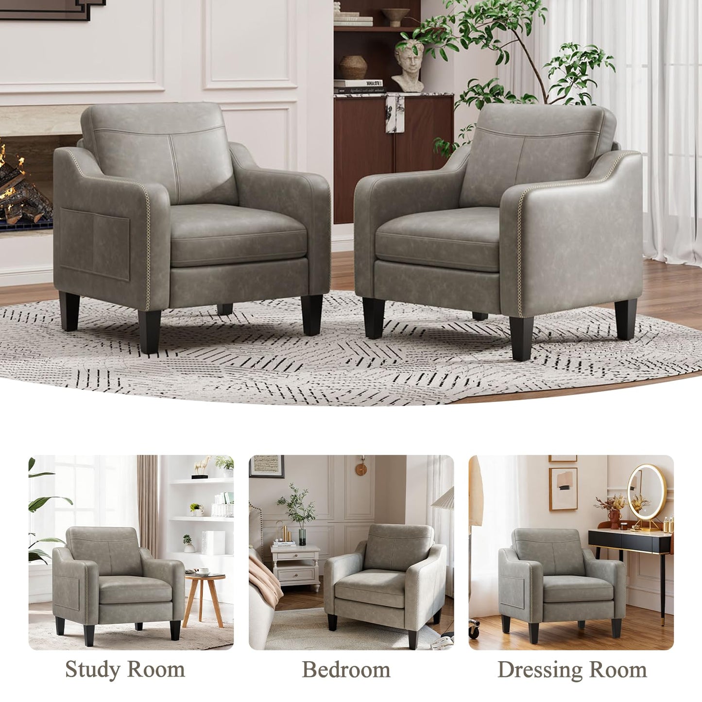 MALOL PU Leather Accent Chair Set of 2, Mid-Century Modern Living Room Armchair Sofa with Removable Cushions, Solid Wood Frame & Stitched Armrest Design, Bedroom Chair with Plastic Legs, Grey
