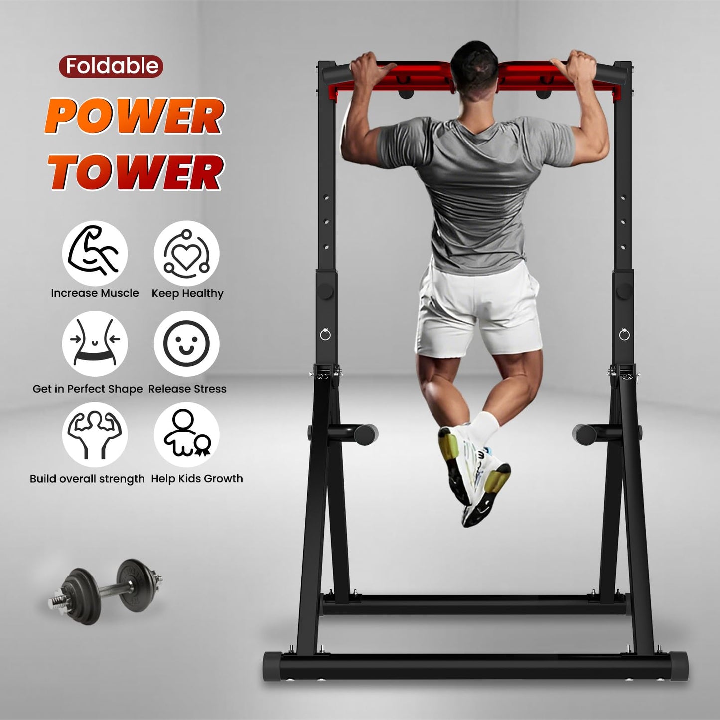 WATBKHE Power Tower Pull Up Dip Station Pull Up Bar Adjustable, Multifunction Home Gym, Strength Training Equipment, Triangular Design, 700LBS Weight Capacity Red