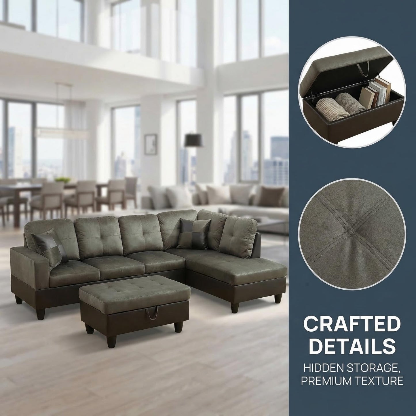 Trygoal 103.5 inch L-Shape Sofa with Storage Ottoman, Flannel Sectional Couch with Right Chaise, Modern 3-Piece Sofa Set, Upholstered Couch Set with Solid Wood Frame for Apartment, Loft, Taupe
