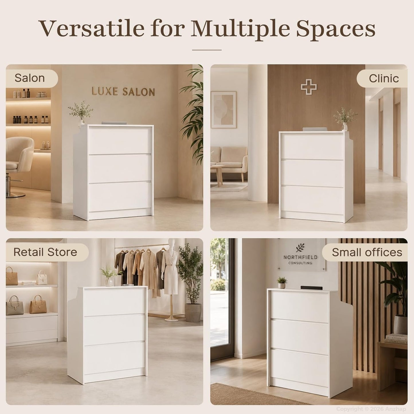 Nuipesn 31.5-Inch Small Reception Desk with Counter, Compact Receptionist Checkout Counter with Lockable Drawer, Spacious Legroom, Modern Front Counter for Office, Salon, Retail (White)