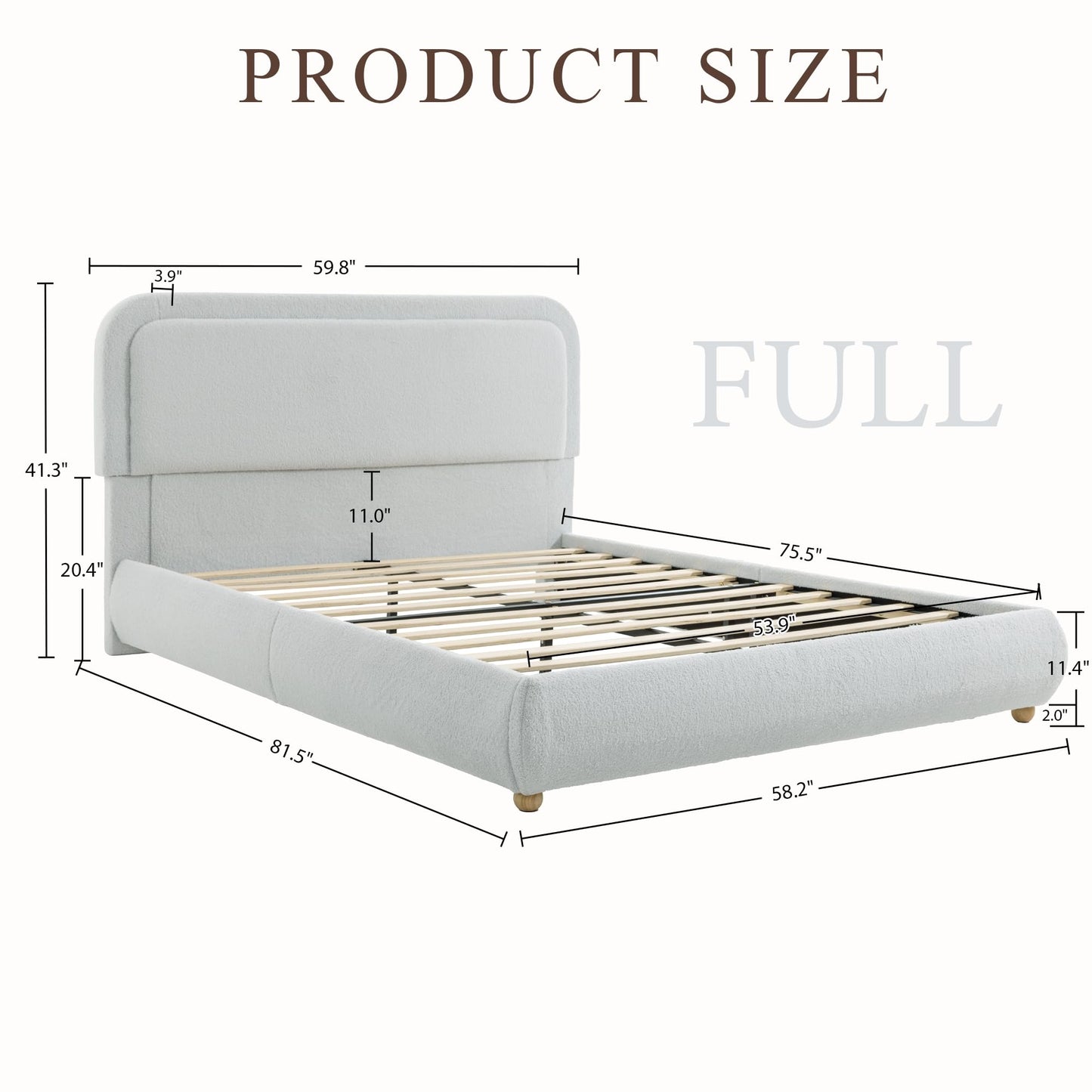 Brafab Cloud Full Size Bed Frame, Boucle Upholstered Bedframe with Rounded Corners Headboard, Solid Wood Legs, Boho Soft Bedframe Easy Assembly, No Spring Box Needed, Grey