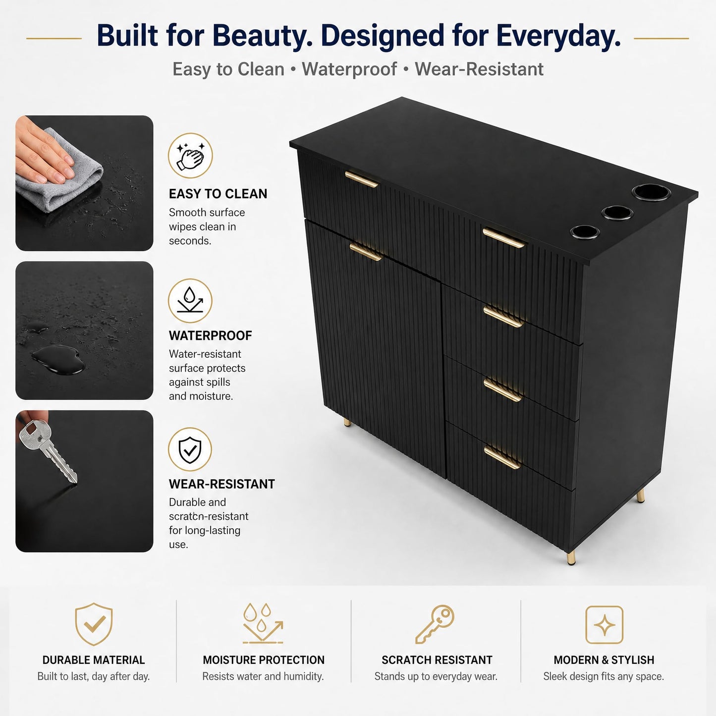 Merax Barber Salon Station with Fluted Design, Gold Metal Legs & Handles, Multi-Zone Storage, 3 Hair Dryer Holders & Barber Storage Cabinet, 5 Drawers, Easy Assembly for Salons Barber Shop, Black