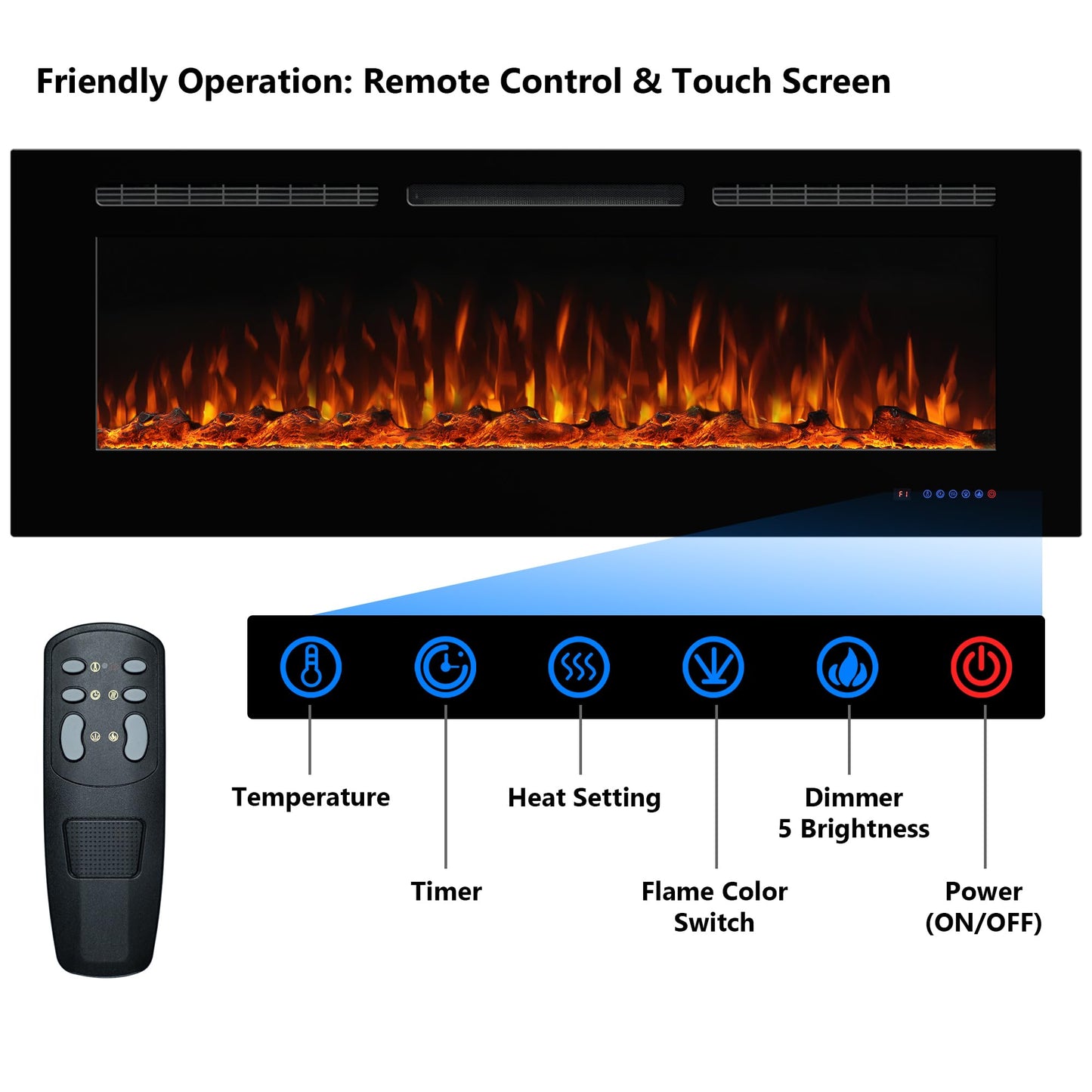 Dreamflame Electric Fireplace 40 inch Wide 26.5" High, Wall-Mounted & Recessed Fireplace Inserts, Multicolor Flame w/5 Dimmer, Remote Control Thermostat, Timer, Hardwire Connect, 1500W,Black