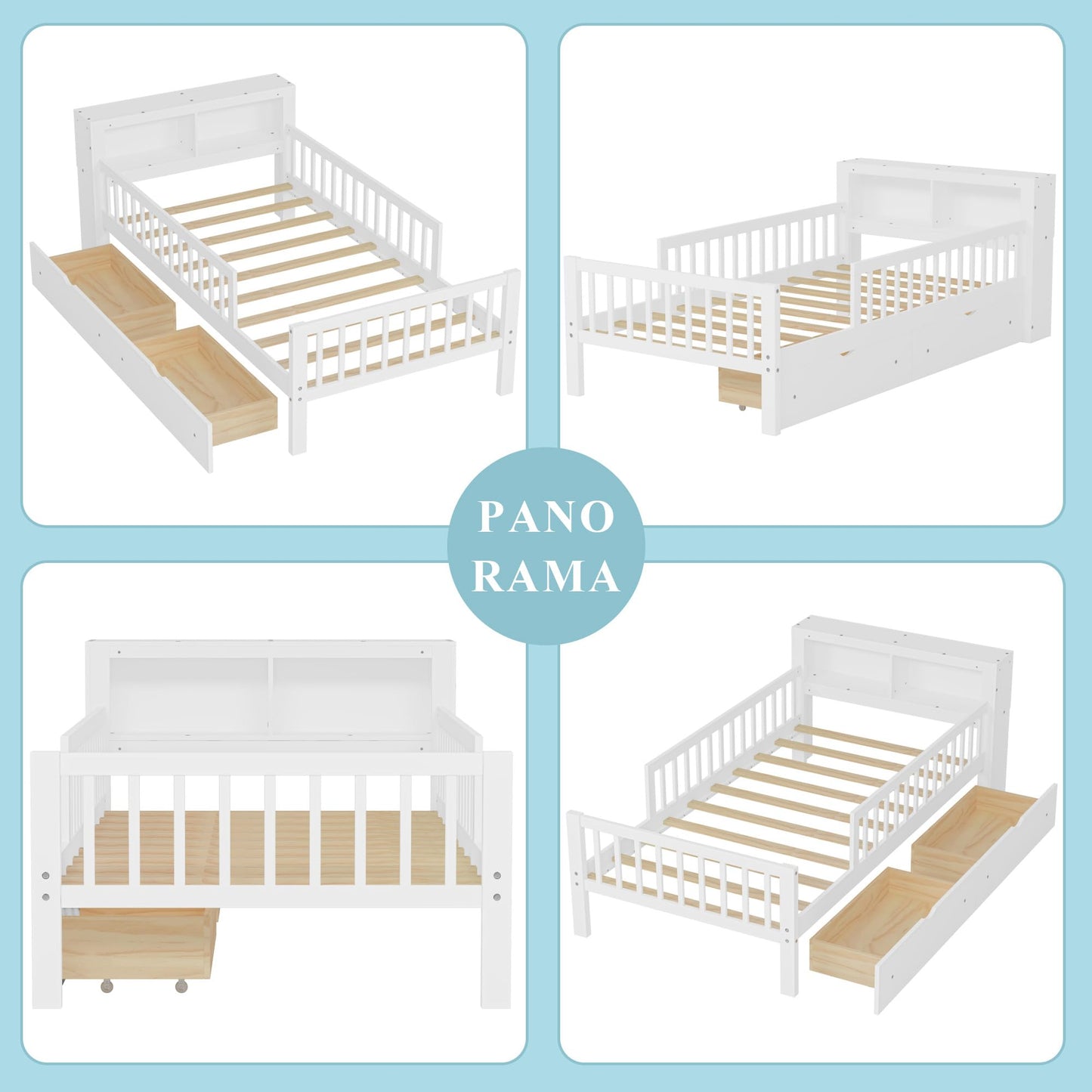 Bellemave Kids Twin Bed Frame with Fences, 2 Drawers & Storage Headboard, Twin Size Platform Bed with 3-Side Guardrails for Kids, Girls & Boys, White