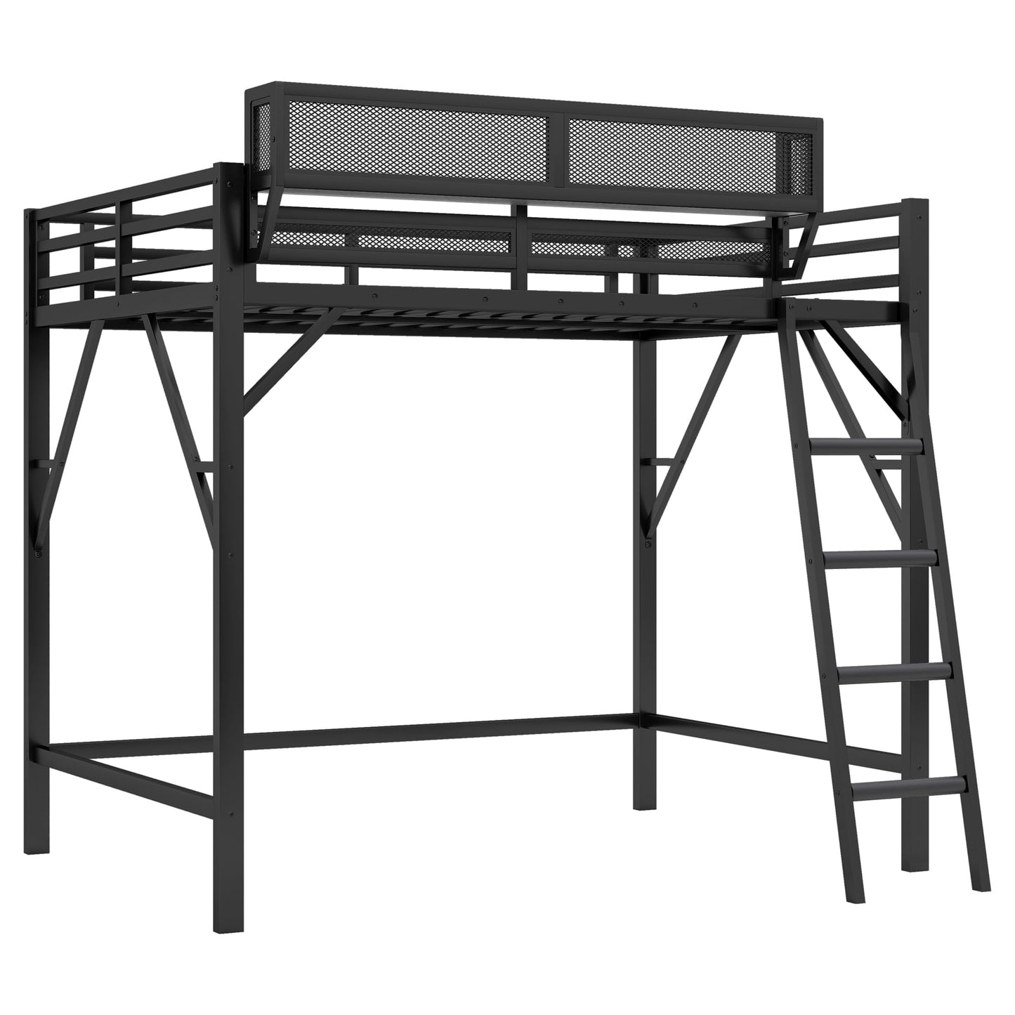 KEIKI Full Size Metal Loft Bed Frame with Ladder and Built-in Storage Shelves, for Teens, Modern Style Loft Bed with Solid Slats, Guardrail, No Box Spring Required, Easy Assembly, for Bedroom, Black