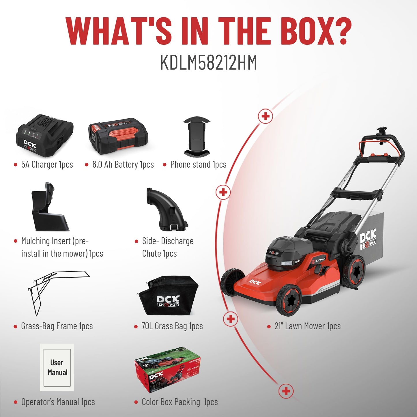 DCK 58V 21" Self-Propelled Lawn Mower 3-in-1 (Mowing/Collecting/Mulching), 7 Cut Heights, Foldable, LED Light, Upgraded Brushless Motor, 6.0Ah Battery & Charger