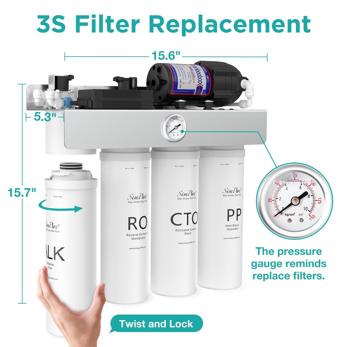 SimPure T1-400ALK Alkaline UV Reverse Osmosis System, NSF/ANSI 58 Certified, Tankless RO Water Filter System 400 GPD, pH+ Remineralization Water Filtration Under Sink, BPA Free, Built-in Pump