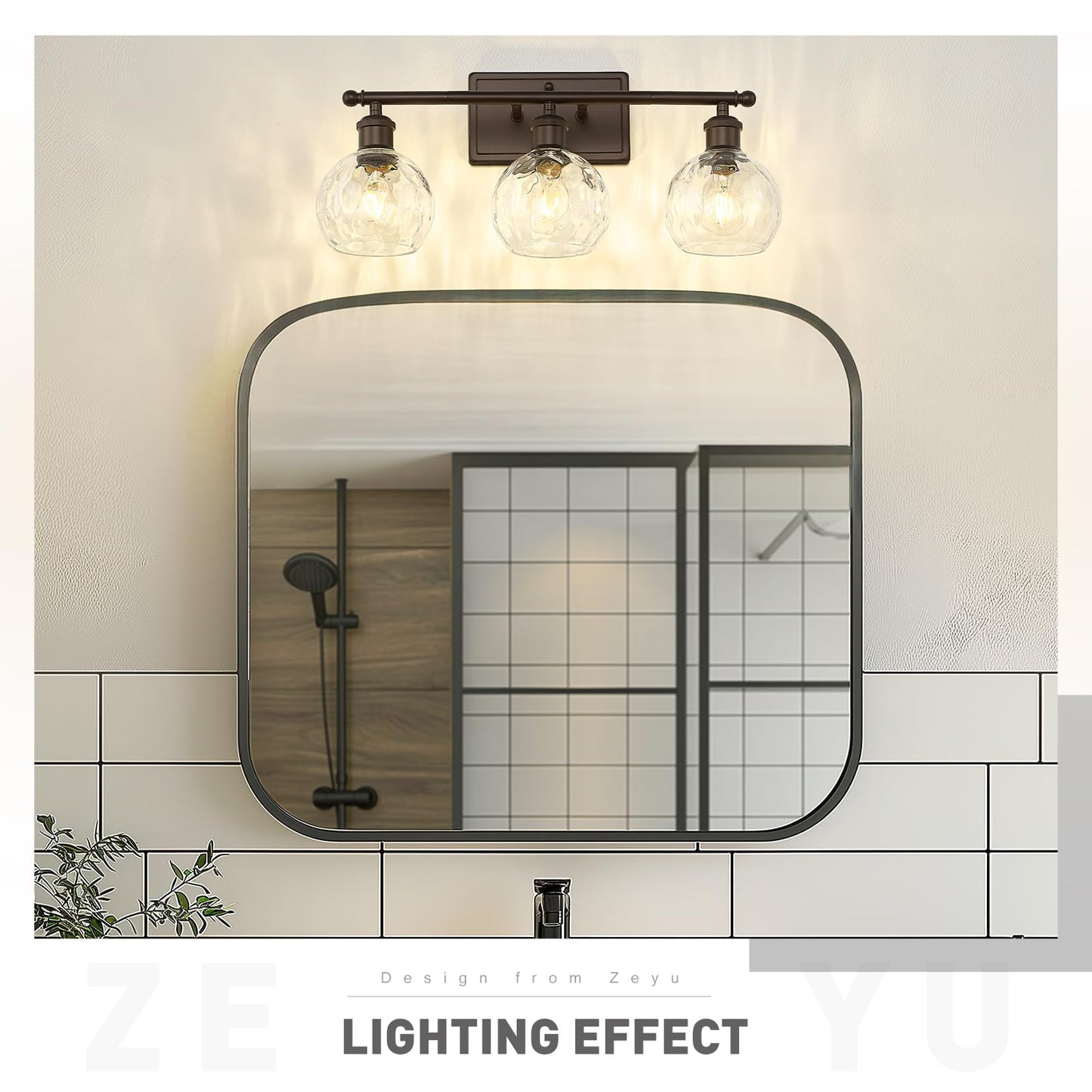 zeyu 3-Light Vanity Lighting - Oil Rubbed Bronze Finish, Clear Hammered Globe Glass, Model ZJF63BG-3W ORB-WG