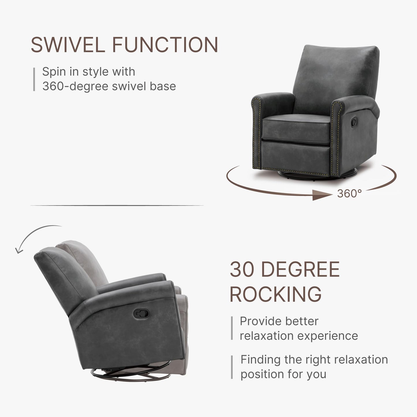 KISLOT Large Leather Recliner Chair Faux Swivel Rocker for Adults Manual Sofa for Living Room Bedroom Home Theater Seating