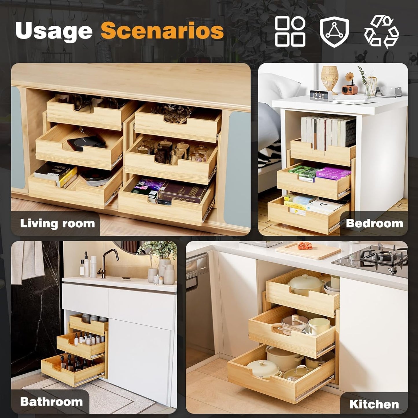 Gsskny Pull Out Cabinet Organizer, 26''W×21''D Sliding Drawers for Cabinets, 3 Tier Soft Close Slide Out Wooden Pull out Drawers, Base Cabinet Organization for Kitchen, Pantry, Bathroom.