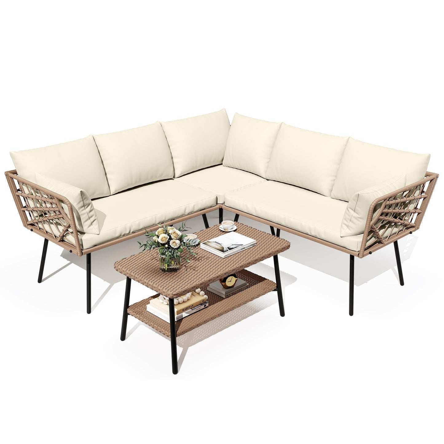 DWVO Outdoor Sectional Sofa 4 Piece 5-Seater Rattan Patio Furniture Set with 2-Tier Coffee Table&Cushions L Shape Couch Boho Conversation Sets for Garden Porch Backyard Relaxation