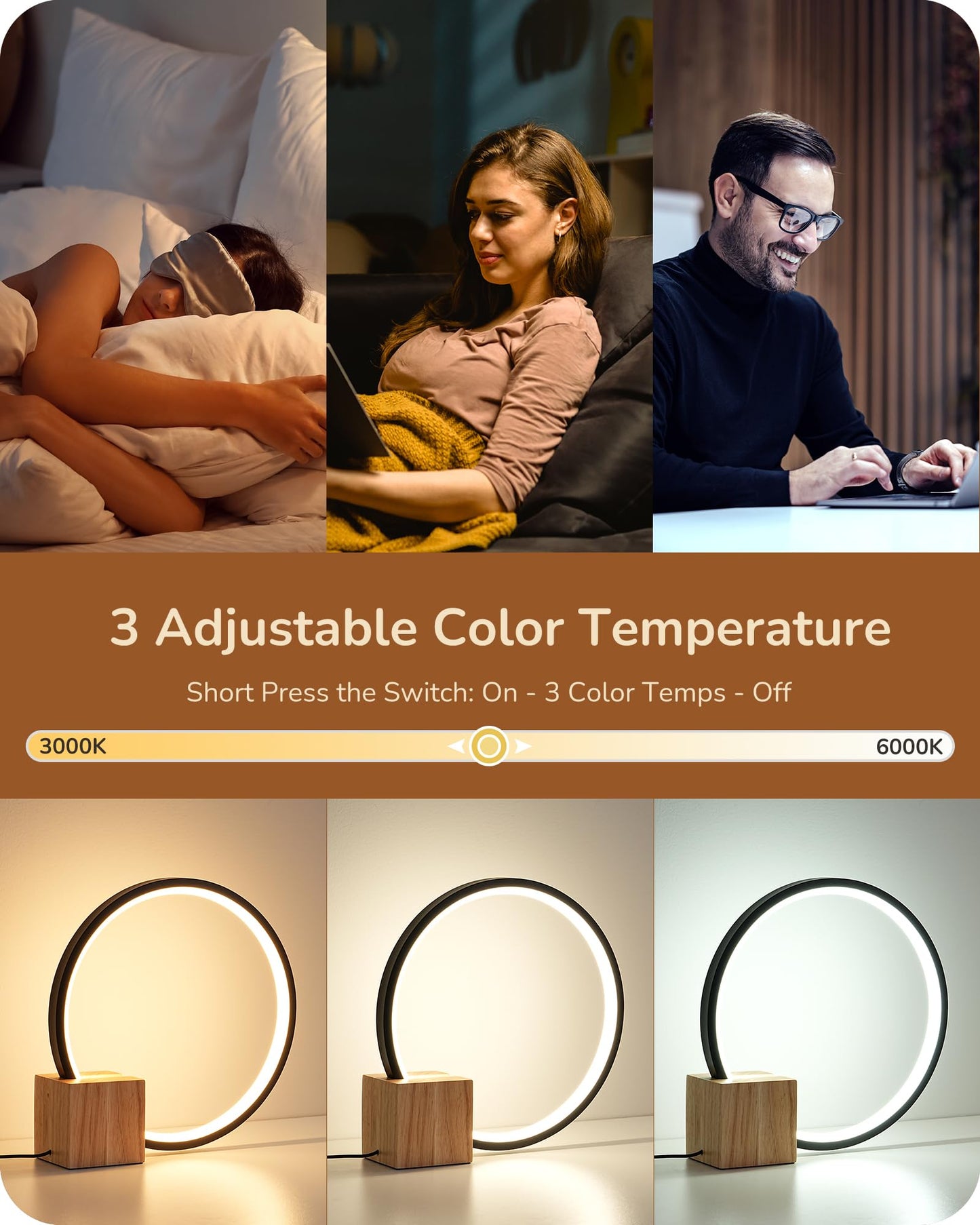 EDISHINE LED Table Lamp with Solid Wood Base, 3 Color Temperatures, 12W, 12inH x 11.8inW x 3.3inD, Black, Model HL