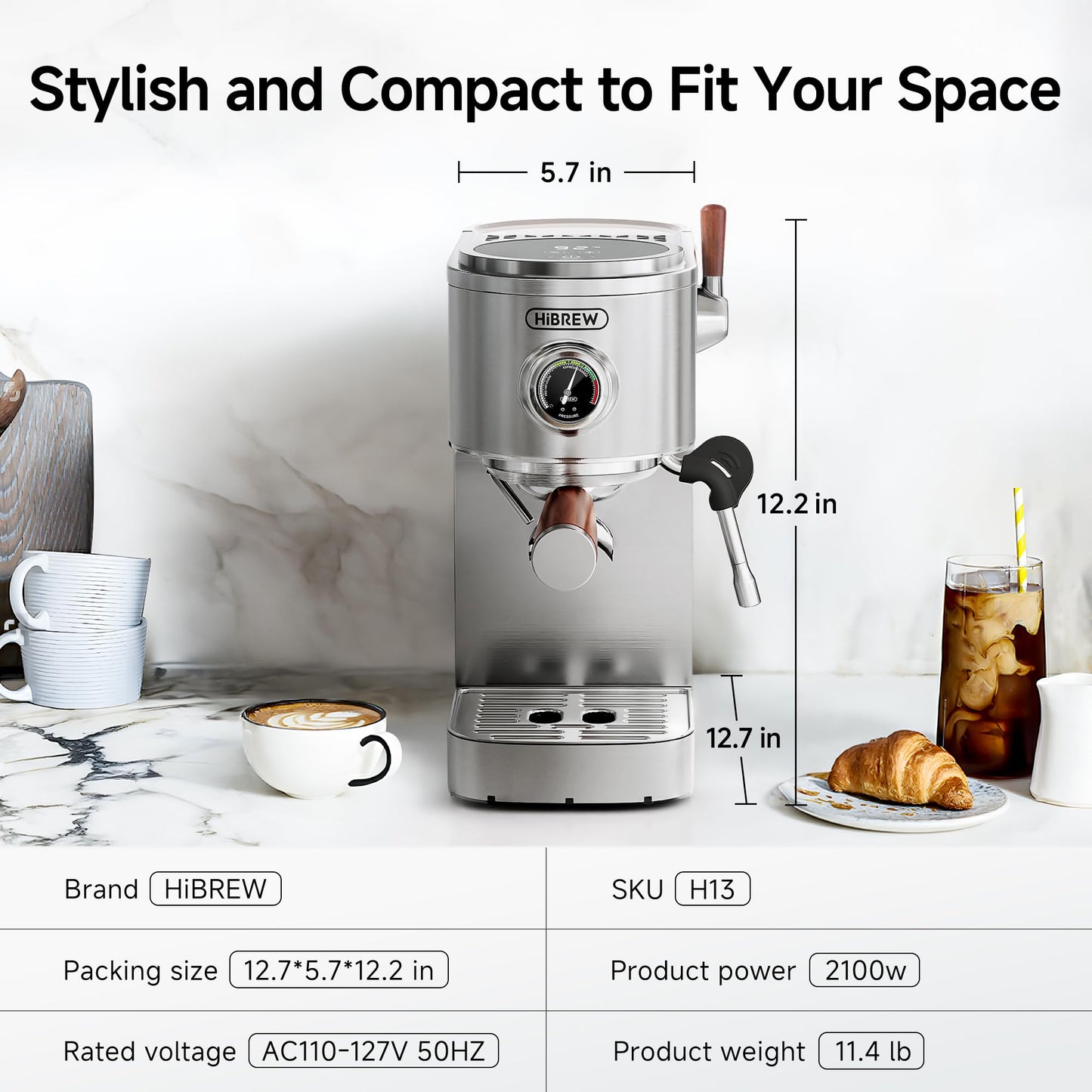 HIBREW H13 Dual Thermoblock Espresso Machine with LED Touch Screen, 58mm Portafilter in Stainless Steel, PID Control, 20 Bar Pump, 3-Level Steam, Separate Hot Water Spout for Home