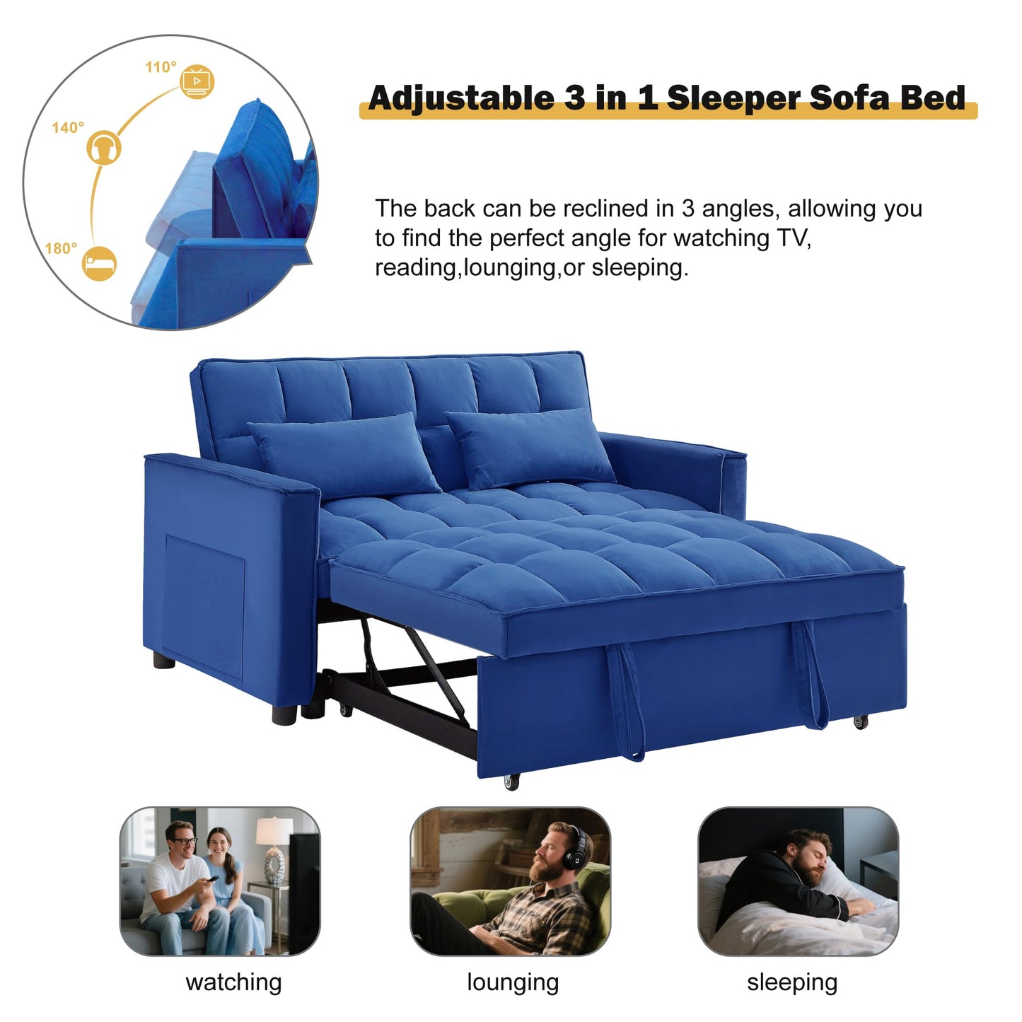NicBex 3 in 1 Convertible Sofa Bed, Pull Out Couch Bed with Adjustable Backrest, Velvet Fabric Sleeper Sofa with Side Pocket, Loveseat Sleeper Sofa for Small Space, Living Room, Bedroom, Blue