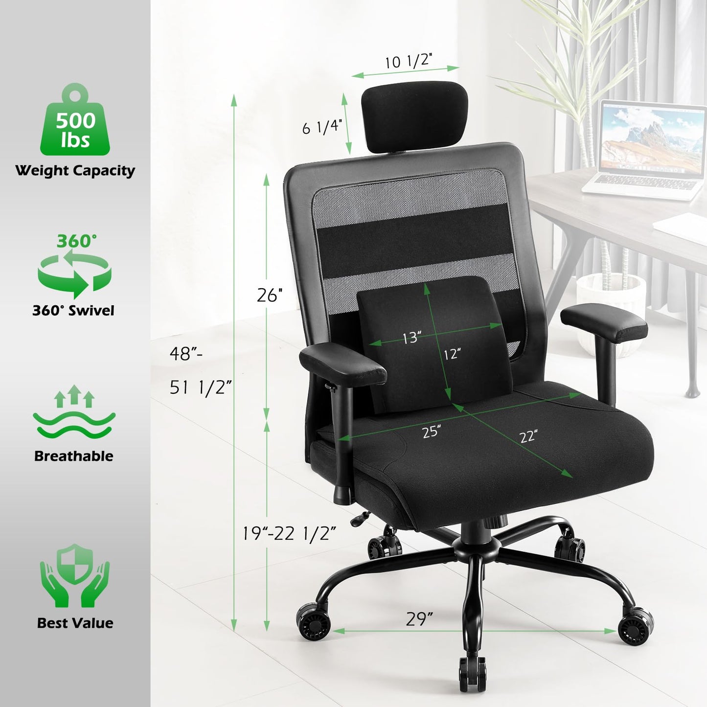 WUDOYO Extra Wide Seat Office Chair for Big and Tall 500lbs, with High Back Adjustable Headrest Lumbar Support Arms Wheels Heavy Duty (Breathable Fabric Seat)