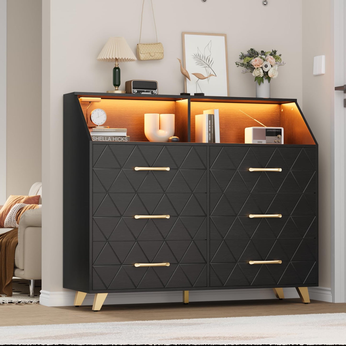 Garvee Modern Black 6 Drawer Dresser with LED Lights & Charging Station – Wide Wooden Entryway Storage Cabinet – Sturdy Metal Legs – TV Stand with Storage Shelf for Bedroom, Hallway – Black