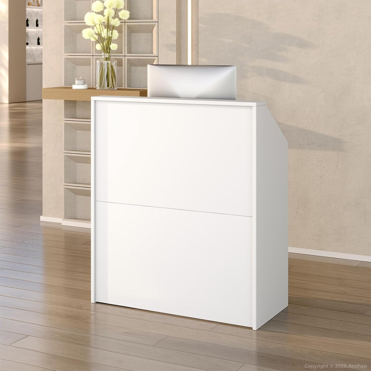 Nuipesn White Reception Desk with Counter, Front Desk Reception Counter with 2 Locking Drawers and Open Storage Shelf, Modern Receptionist Desk for Office, Salon, Retail (31.5"W x 14.17"D x 36.22"H)