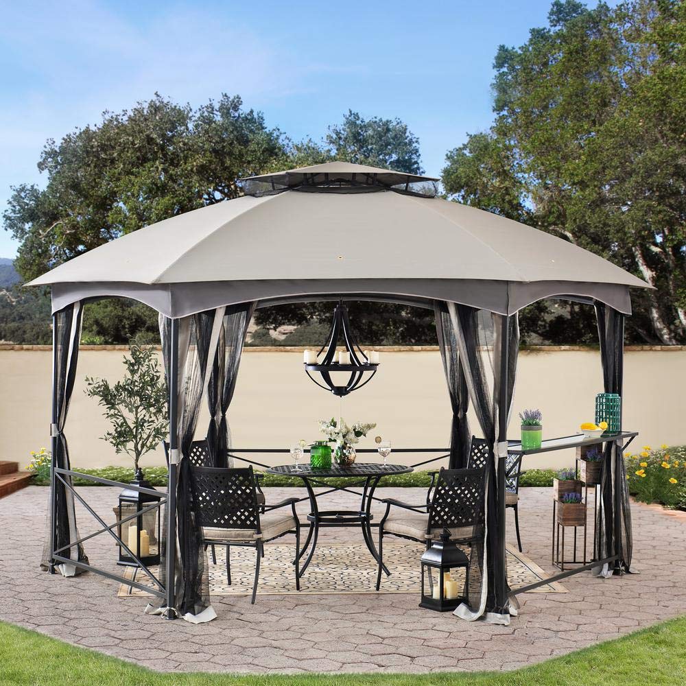 Sunjoy 15x15 ft. Soft Top Gazebo, Hexagon Steel Framed Patio Outdoor Backyard Gazebo with 2-Tier Dome Roof, Netting, Ceiling Hook, and Bar Shelf, Gray
