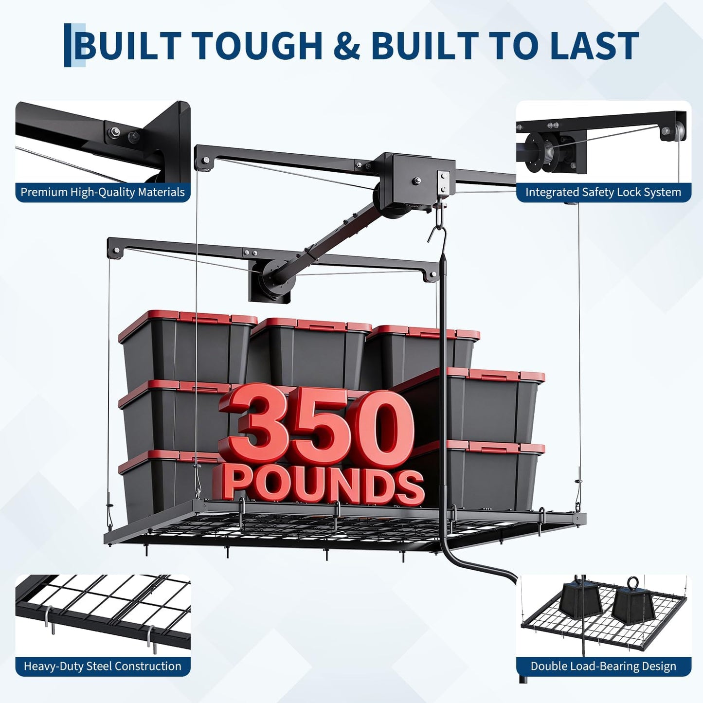Adjustable 4x4 ft Overhead Garage Storage Rack Lift System,Heavy Duty Ceiling Mount Rack with 250 Lb Capacity & Automatic Safety Lock, Space-Saving Hanging Organizer for Attic,Basement,Garage or Shed