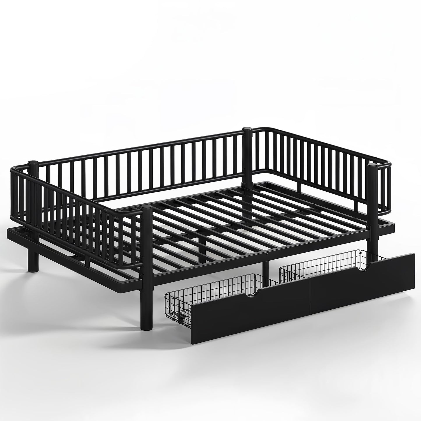 DNYN Full Size Metal Daybed Frame with Guardrails and 2 Storage Drawers for Teens Bedroom, Low-Profile Platform Bed with Upgraded Safety Round-Pipe Design, Space-Saving & No Box Spring Needed