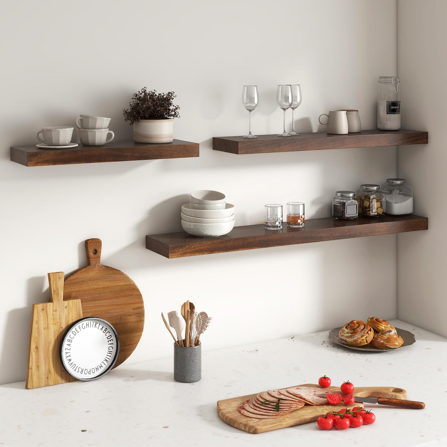 FLYJOE Floating Shelves for Wall, USA-Sourced Walnut Wood 36 Inch Long Wall Shelves Set of 2, Natural Wooden Wall Mounted Picture Ledge Shelf, Nursery Book Storage Shelf Kids Bookshelf, Display Shelf