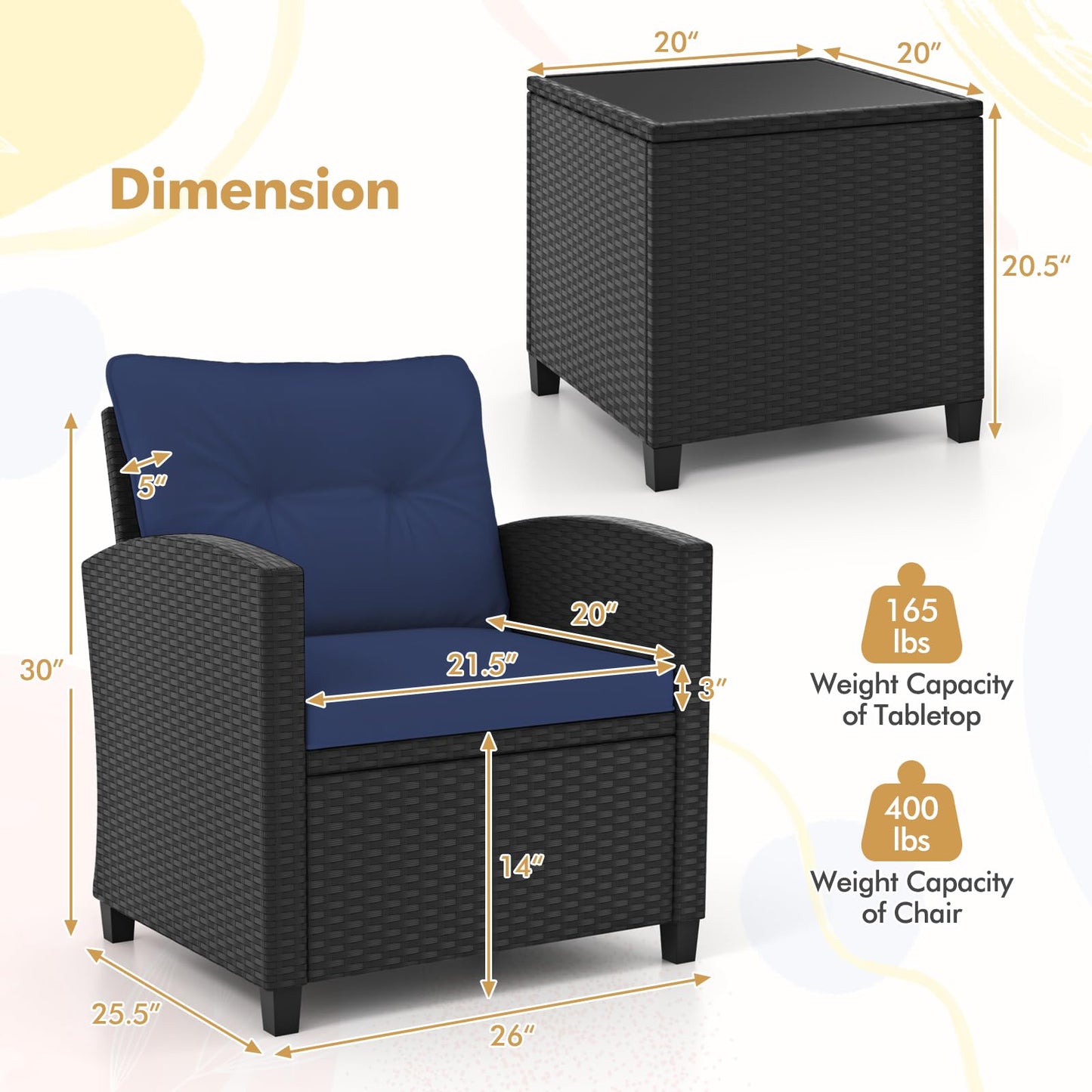 HAPPYGRILL 3 Pieces Wicker Patio Conversation Set, PE Rattan Bistro Sofa Set with Tempered Glass Coffee Table, Washable Cushions, Outdoor Furniture Set for Garden Poolside Balcony (Navy)