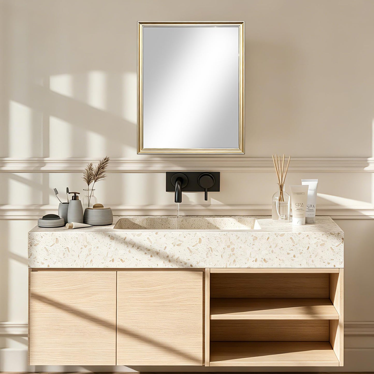 Fundin 24 x 30 White Metal Bathroom Wall Medicine Cabinet with Gold Beveled Frame Mirror, Recessed or Surface Mount,Mirror Cabinet with Adjustable Shelves