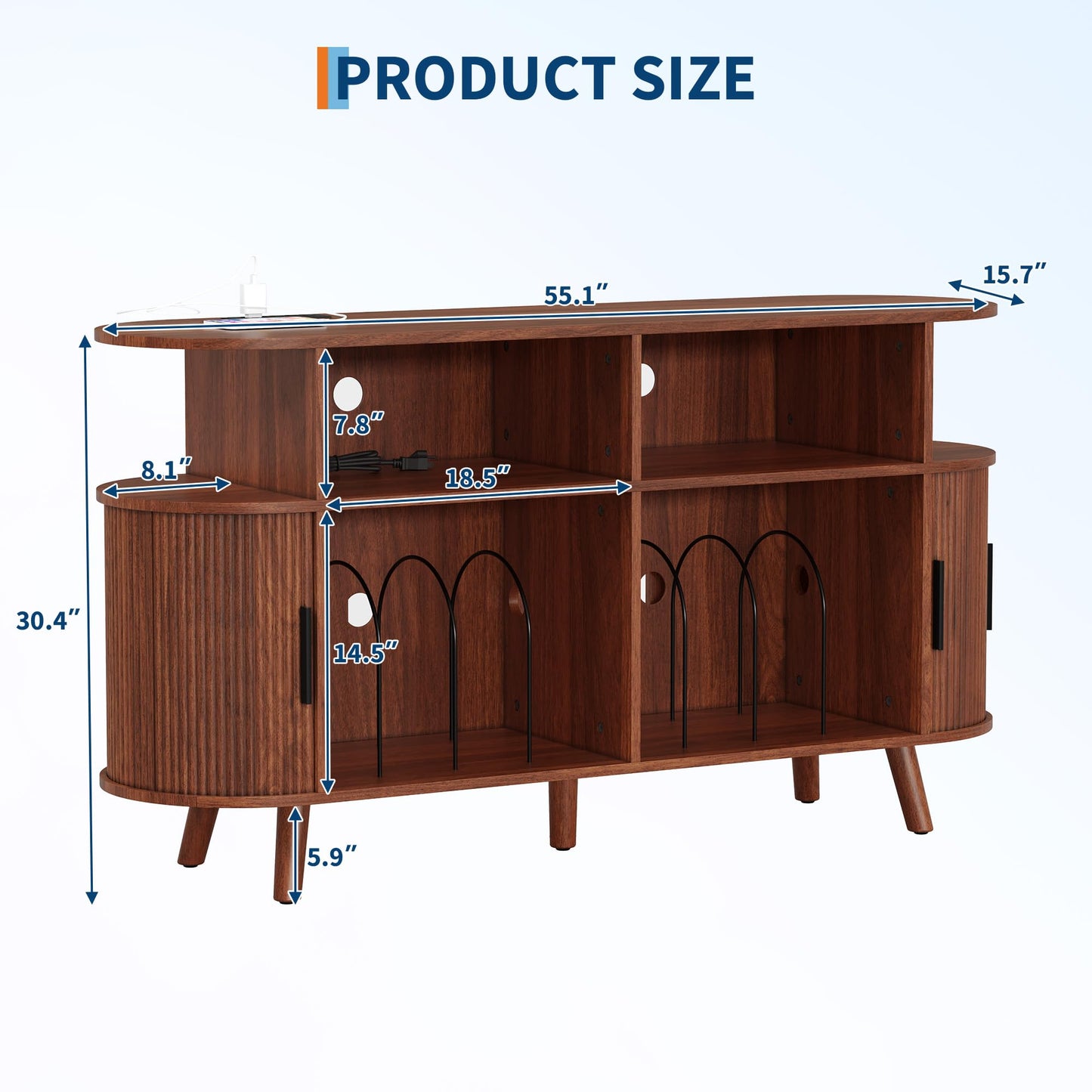 IDEALHOUSE 55" Large Record Player Stand with Vinyl Storage – Round Mid-Century Record Player Table Rustic Turntable Stand with Open Display Shelves, Charging Station, Media Cabinet for Office & Home