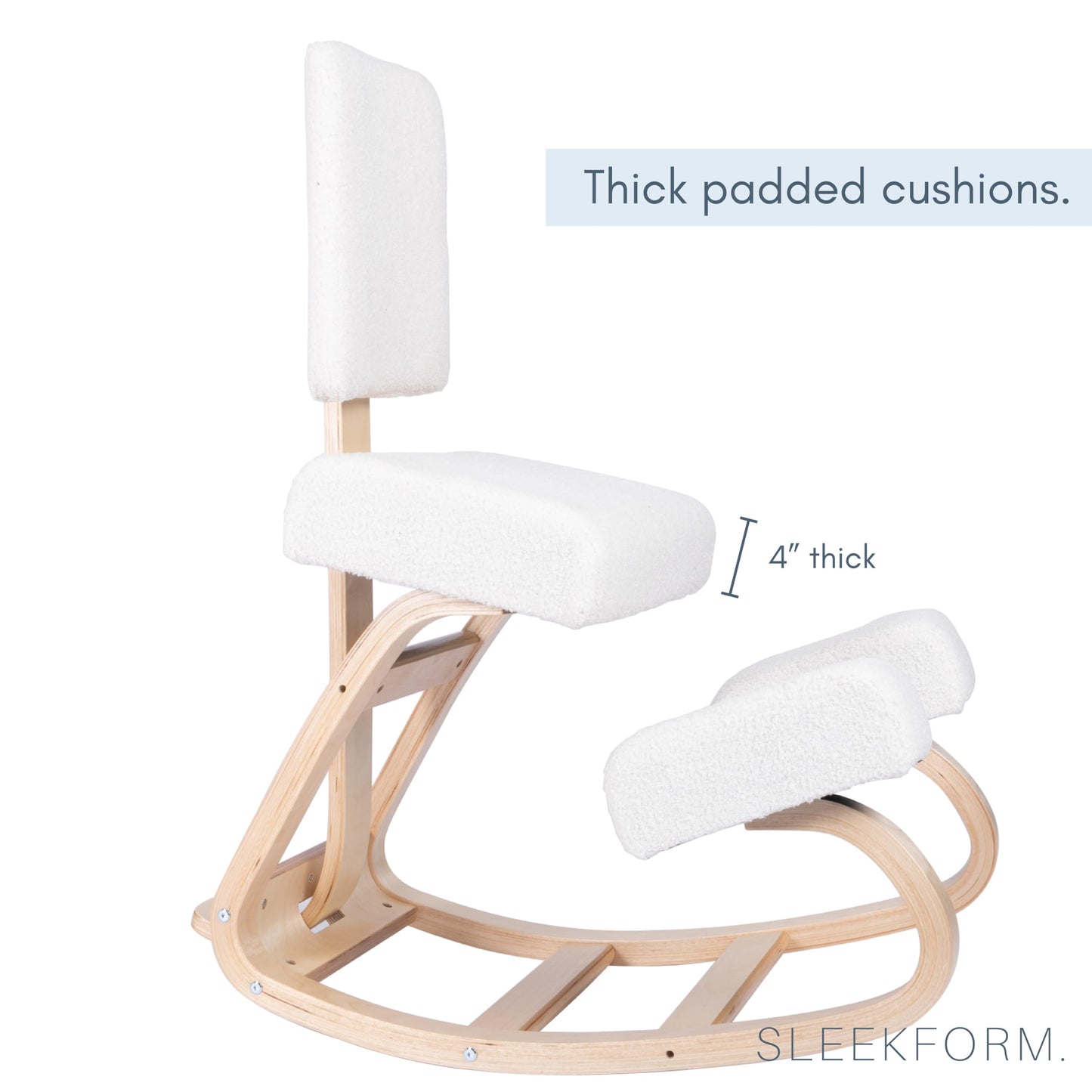 Sleekform East Austin Ergonomic Kneeling Chair with Back Support - Boucle and Wood Ergo Stool for Desk - Best Ergonomic Kneeling Office Chair for Posture and Leg Circulation