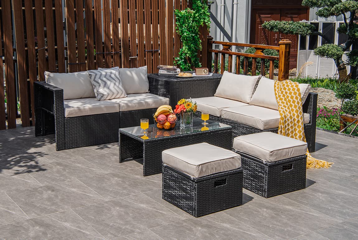 Tangkula 8 Pieces Patio Furniture Set with Waterproof Cover, Patiojoy Space Saving Outdoor PE Rattan Set with Storage Box, Tempered Glass Table, 2 Ottomans, 2 Armless Sofas & Corner Sofas