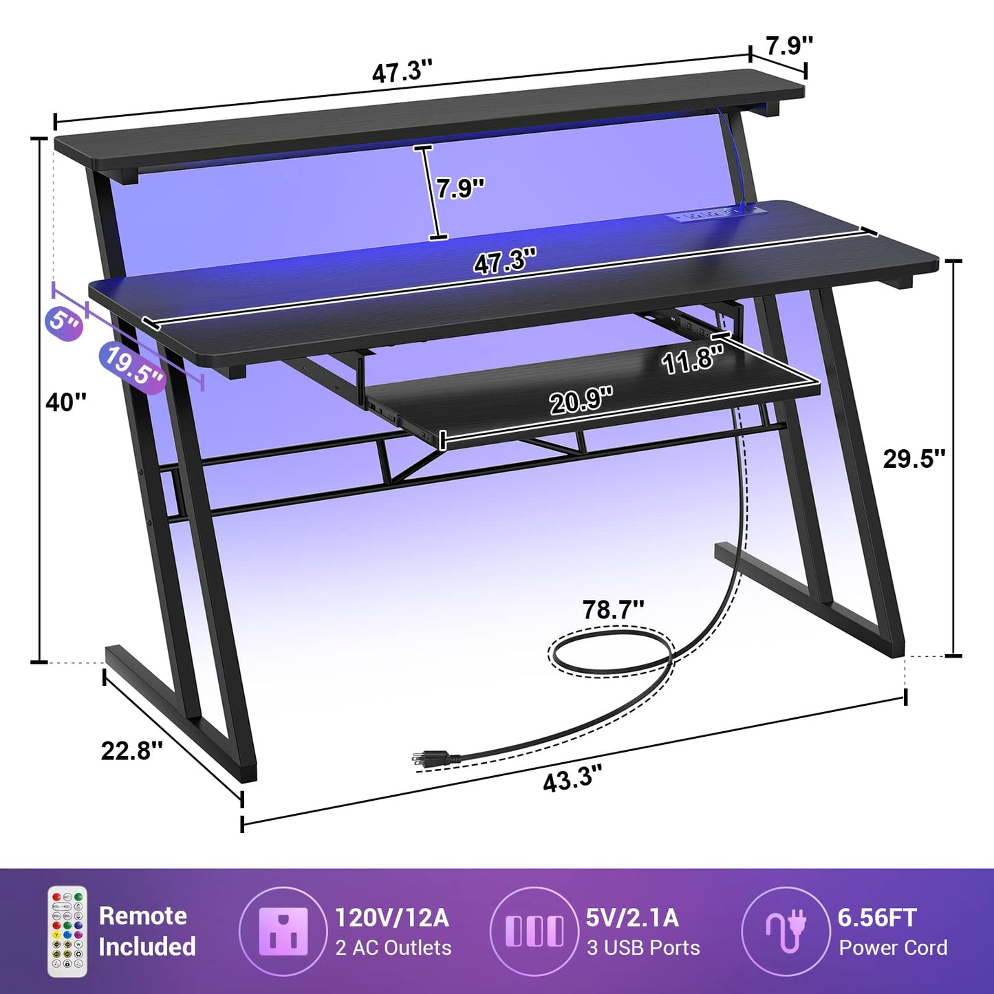 Armocity Music Studio Desk, Music Production Workstation with Power Outlets and RGB LED Lights, Recording Studio Table Desks Music Producer for Home, Black